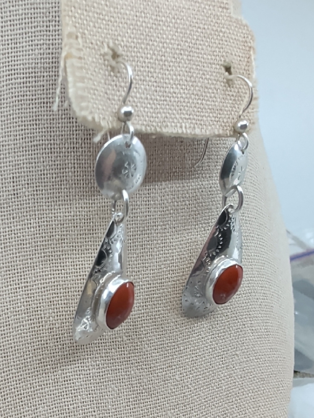 Vintage Sterling Silver Red Coral Cabochon Teardrop Dangle Earrings Artisan - Picture 12 of 17